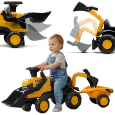 Falk ajettava JCB-traktori peräkärryllä, haravalla ja lapiolla, hiljaiset pyörät, 1–3 vuotta