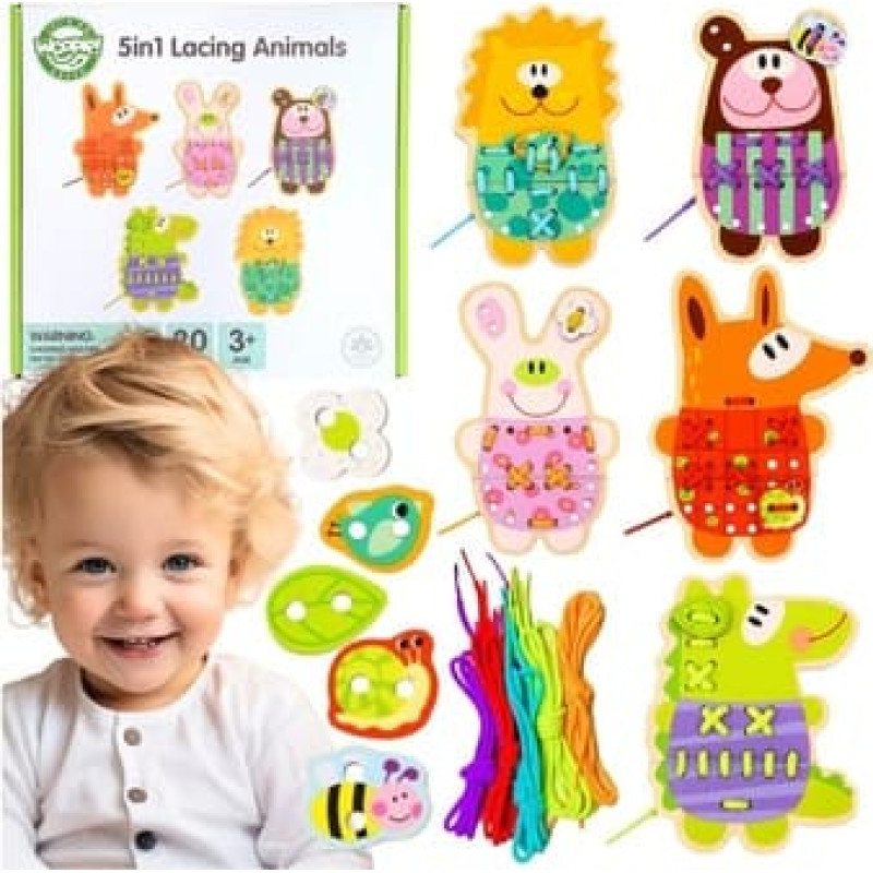 Woopie GREEN puinen pujottelulelu 5-in-1, eläimet pujotteluun
