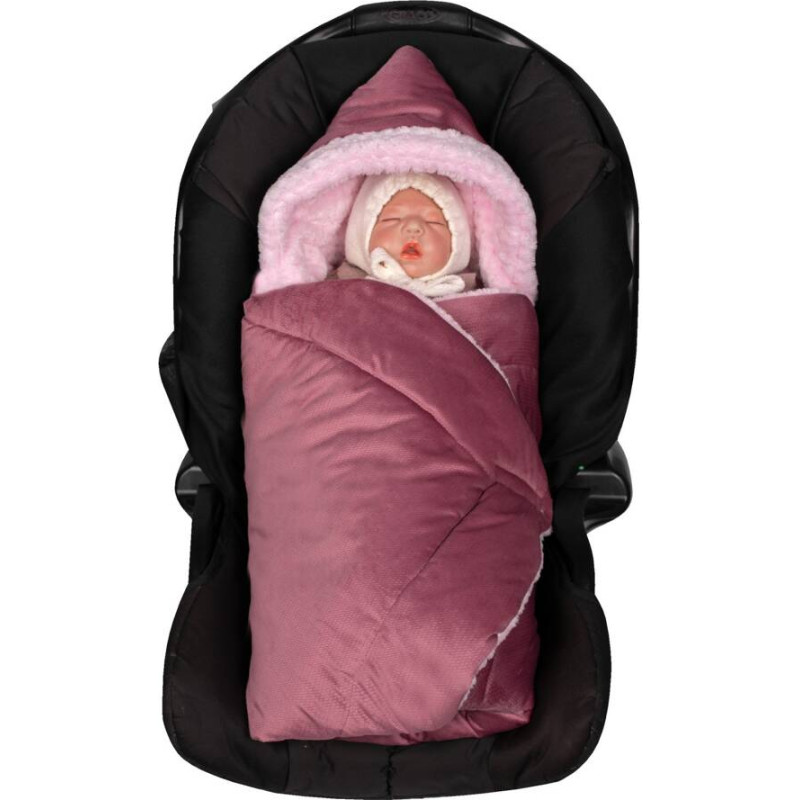 Duet Baby Blanket with hood -499 - SWADDING TO CAR SEAT - with filling - VELVET - size 80x80 - DIRTY PINK