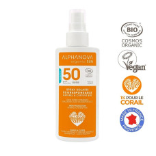 ALPHANOVA SUN organiskais monoi aromātisks ūdensizturīgs sauļošanās aerosols ar minerālfiltriem SPF50, 125 ml ASUN50SPEXPORT