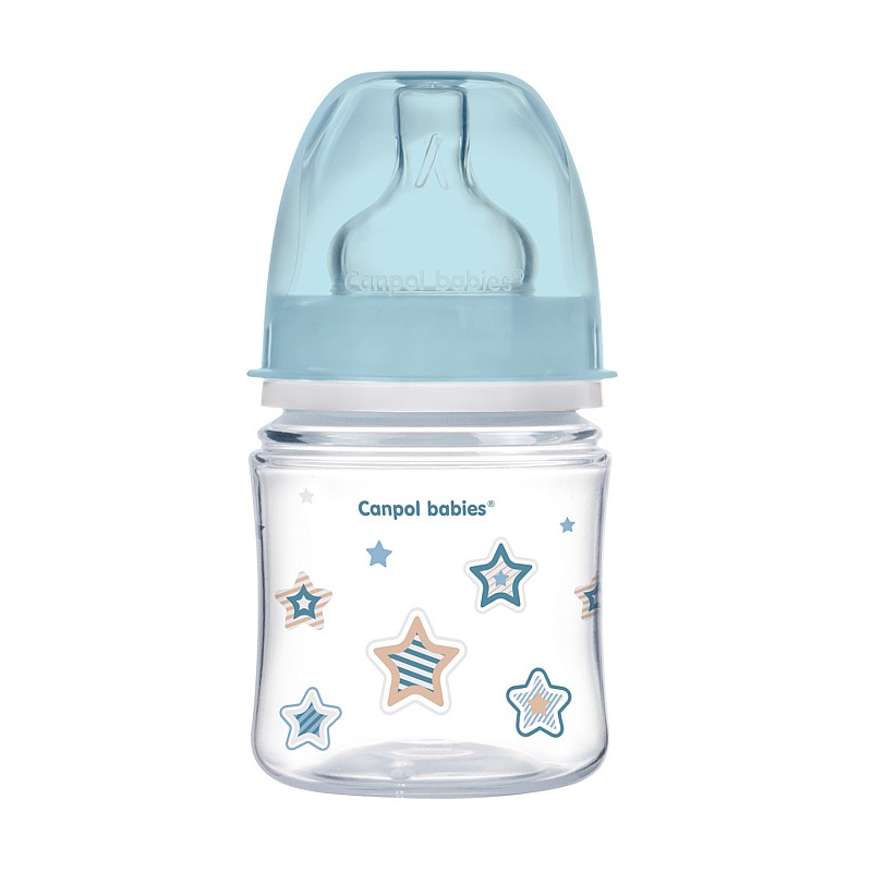 CANPOL BABIES Wide Neck EasyStart Newborn Baby PP pudelīte 120ml ar platu kaklu un silikona knupīti 0m+, 35/216 zila ATLAIDE