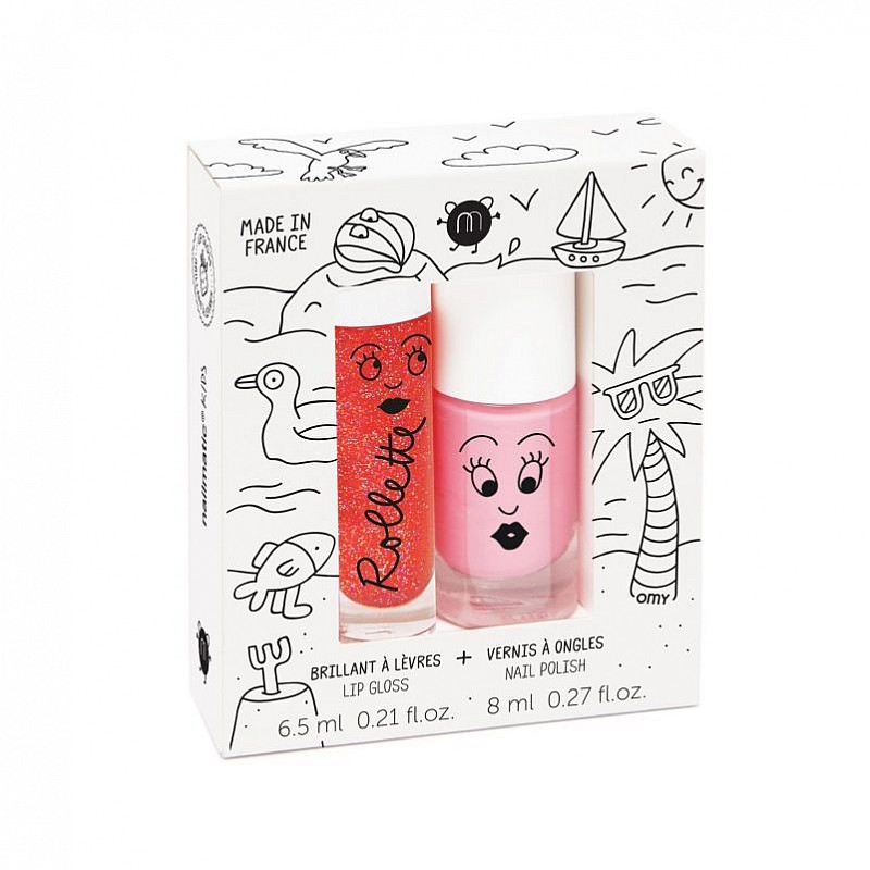 Nailmatic Kids Dabīgs un mitrinošs lūpu spīdums Strawberry 6.5ml un nagu laka Cookie-rozā NKHOLIDAYS2