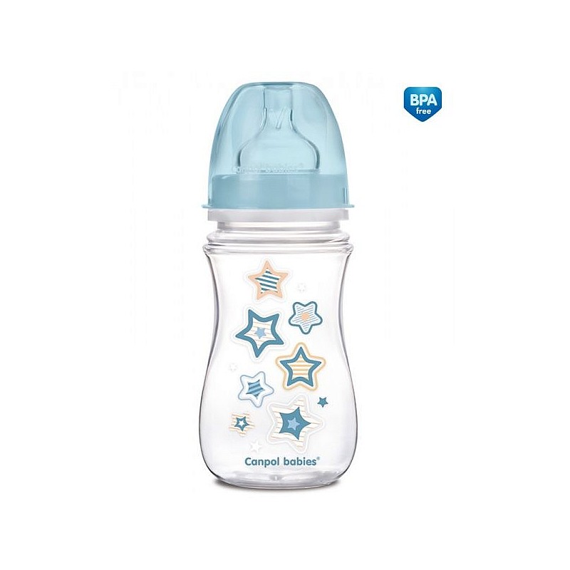 CANPOL BABIES Wide Neck EasyStart Newborn Baby PP pudelīte 240ml ar platu kaklu un silikona knupīti 3m+, 35/217 zila AKCIJA