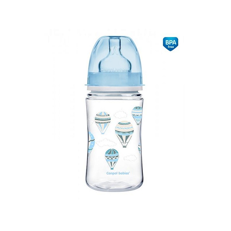 CANPOL BABIES EasyStart IN THE CLOUDS PP antikoliku pudelīte ar platu kaklu 240ml 3m+ 35/225 blue