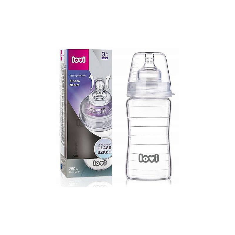 LOVI DIAMOND PURE stikla pudelīte 250ml ar silikona knupīti 3m+ 74/200