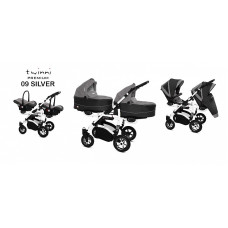 BABYACTIVE TWINNY PREMIUM dvīņu rati 3in1 SILVER, 08 balts rāmis