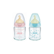 NUK First Choice Stikla pudele 120ml ar lateksa knupīti 0-6mēn. 747076 zils IZPĀRDOŠANA