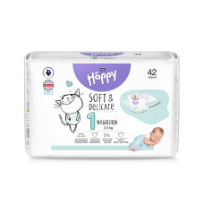 HAPPY NEWBORN autiņbiksītes 1. izmērs (2-5 kg), 42 gab. BB-054-NB42-W01